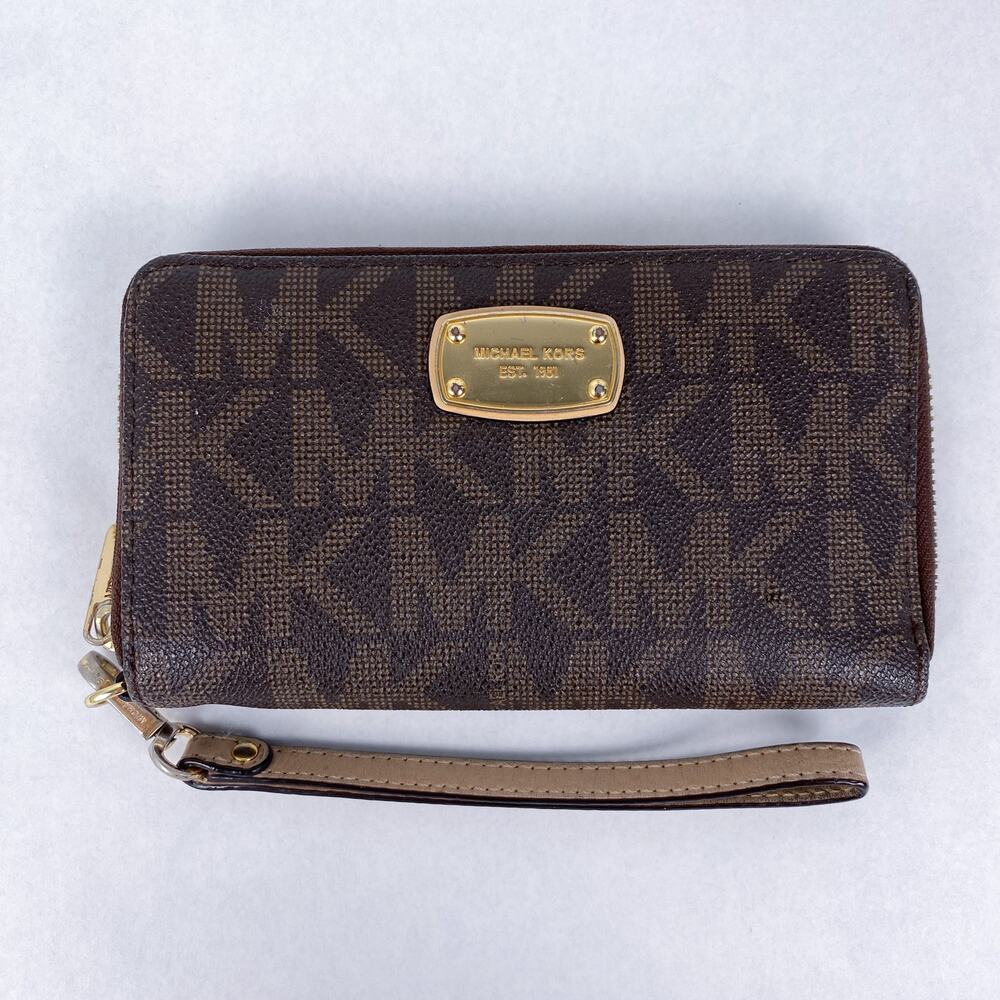 Michael Kors Signature Brown Large Monogram Logo Zip Around Wallet